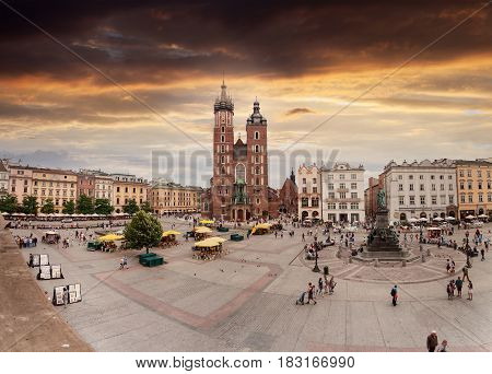 KRAKOV, POLAND - JULY 14, 2016: Church of St. Mary in the main Market Square. Basilica Mariacka. Krakow Poland