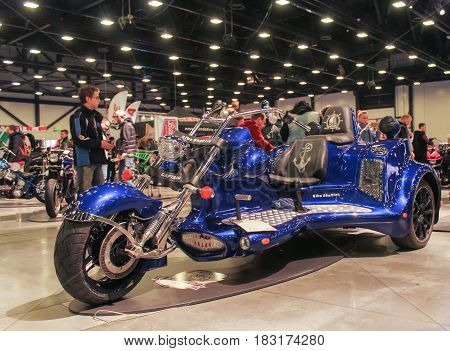 St. Petersburg Russia - 15 April, Designer model of the tricycle,15 April, 2017.
International Motor Show IMIS-2017 in Expoforurum.
Motorcycles and motoconcepts presented at St. Petersburg Motor Show.