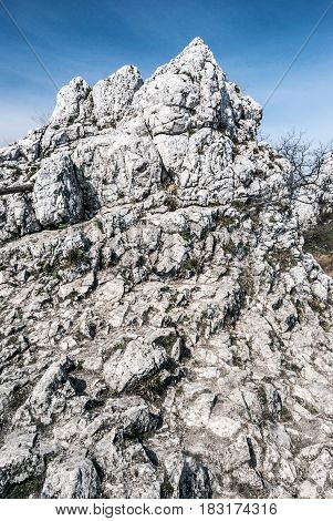 limestone rocks with clear sky above bellow Devin hill in spring Palava mountains in South Moravia