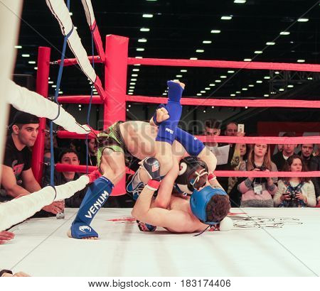 St. Petersburg Russia - 15 April, Fight in the ring,15 April, 2017.
International Motor Show IMIS-2017 in Expoforurum.
Fights without rules in the room in the ring.