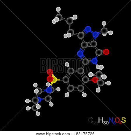 Viagra model molecule. Isolated on black background. 3D rendering illustration. Luminance effect.