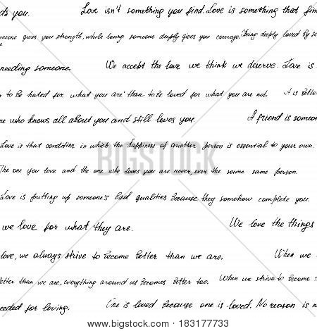 Seamless Pattern Made Of Handwritten Text. Phrazes And Quotes About Love And Relationships. English