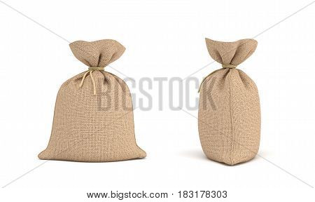 3d rendering of two canvas sacks tied with a rope, one sack in front view and another in side view. Transportation and delivery. Food and grains. Buying in bulk.