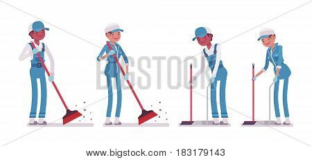 Set of male and female smiling young janitor in a blue suit, sweeping the floor with broom, holding dustpan, professional cleaning, home and office service, isolated on white background