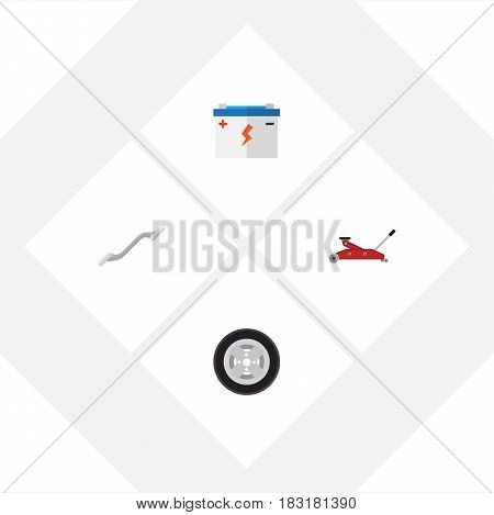 Flat Service Set Of Lifting, Accumulator, Tire And Other Vector Objects. Also Includes Wheel, Jack, Lifting Elements.