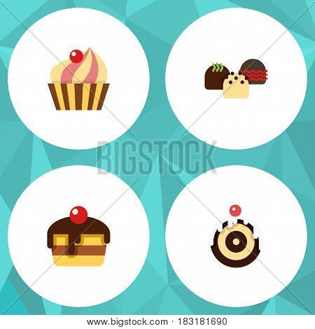 Flat Cake Set Of Dessert, Cake, Sweetmeat And Other Vector Objects. Also Includes Sweetmeat, Cake, Cupcake Elements.