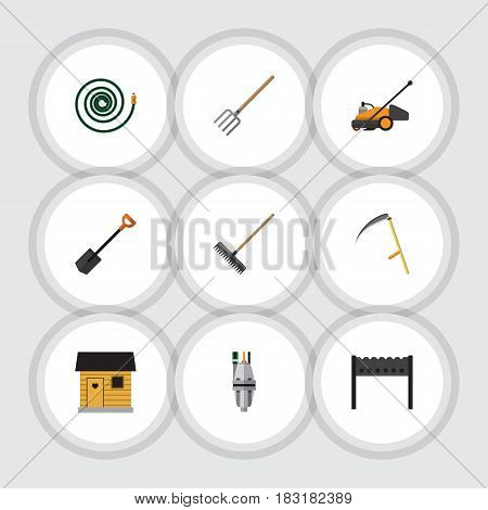 Flat Dacha Set Of Pump, Barbecue, Lawn Mower And Other Vector Objects. Also Includes Hosepipe, Cutter, Barn Elements.