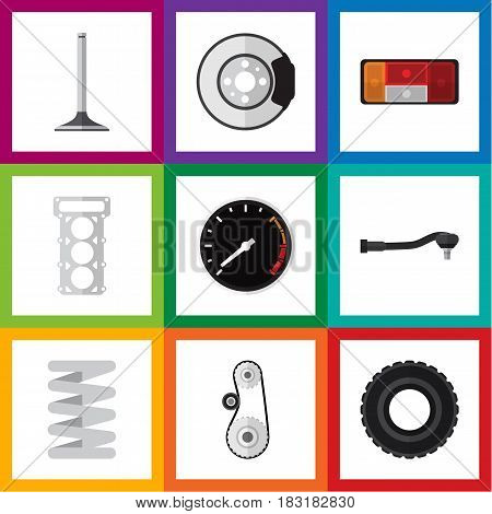 Flat Auto Set Of Car Segment, Metal, Cambelt And Other Vector Objects. Also Includes Wheel, Taillight, Gasket Elements.