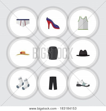 Flat Garment Set Of Elegant Headgear, Stylish Apparel, Panama And Other Vector Objects. Also Includes Sleeveless, Underwear, Shoes Elements.