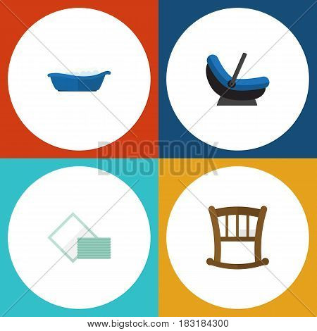 Flat Infant Set Of Pram, Bathtub, Infant Cot And Other Vector Objects. Also Includes Bed, Infant, Cradle Elements.