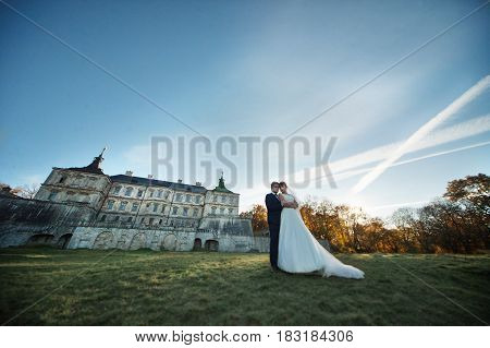 The bride and groom stand near castle