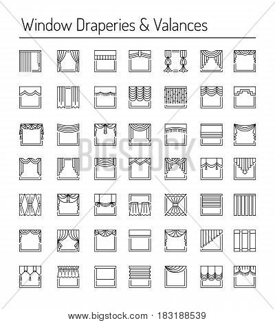 Window draperies valances curtains blinds. Interior design elements. Black line icon set.