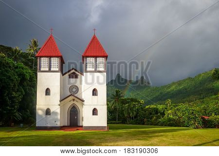Rainbow On Haapiti Church In Moorea Island, Landscape