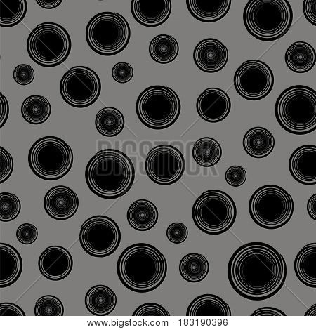 Grunge Round Seamless Pattern Isolated on Grey Background. Black Spiral Splatter