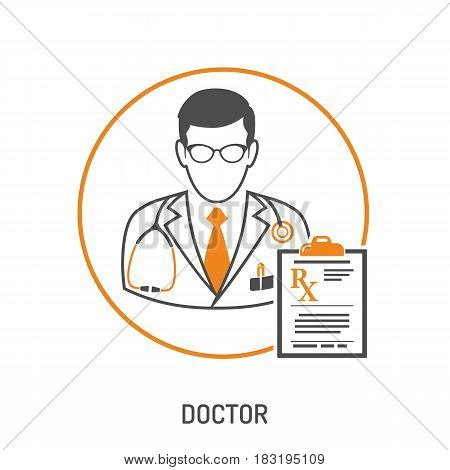 medical concept with doctor and prescription on clipboard. two color falt icons. isolated vector illustration