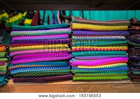 Colorful Burmeese fabric in market at Inle lake, Myanmar. (Burma)