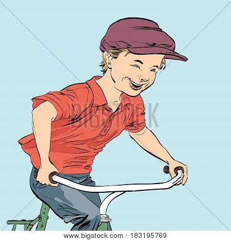Country boy biker. Caricature cartoon style hand drawn color illustration