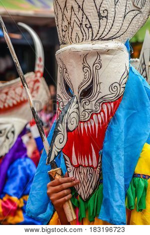 CLoseup Thai northeastern traditional Phi Ta Khon ghost mask in Phi Ta Khon Festival parade in Dansai Loei of Thailand