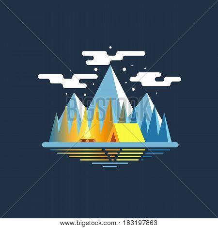 Night forest landscape with a summer camp near the river and mountains in the background. Yellow tent with campfire in the woods near the lake flat vector illustration.