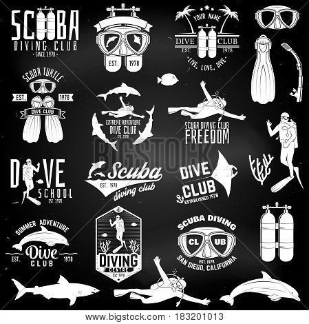 Set of Scuba diving club and diving school badges with design elements on the chalkboard. Vector illustration. Vintage typography design with diving gear silhouette.