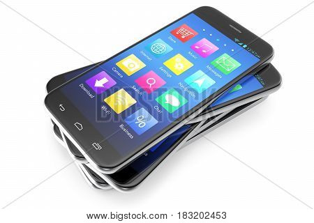 A silver phone width a blue screen and icons, isolated on white background. 3d illustration