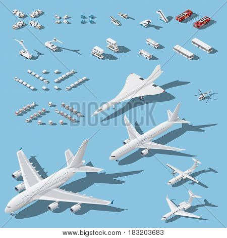 Various passenger airplanes and maintenance equipment for airport isometric icons set vector graphic illustration