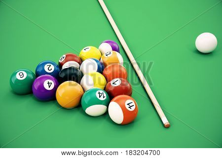 3D illustration American pool snooker balls background. American Billiard. Close-up Billiard balls. Bar game. Billiard table game.