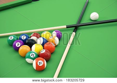 3D illustration American pool snooker balls background. American Billiard. Close-up Billiard balls. Bar game. Billiard table game.