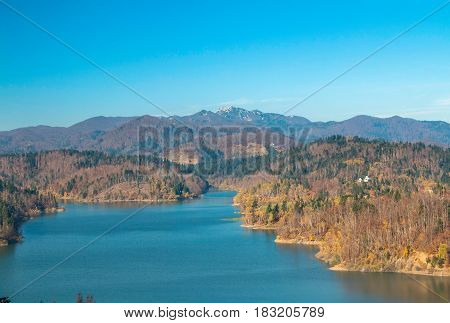 Panoramic view of Lokvarsko lake, beautiful mountain autumn landscape, Lokve, Gorski kotar, Croatia
