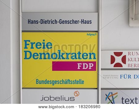 BERLIN GERMANY - APRIL 23 2017: FDP Plaque At The National Office Of The Party At Hans-Dietrich-Genscher-Haus In Berlin