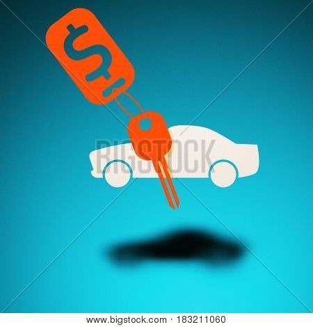 Buying renting a car. An icon of a car hovers in the air casting a shadow on blue background. Next to the car is a key with a trinket.