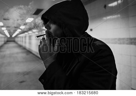 Homeless Adult Woman Smoking Cigarette Addiction