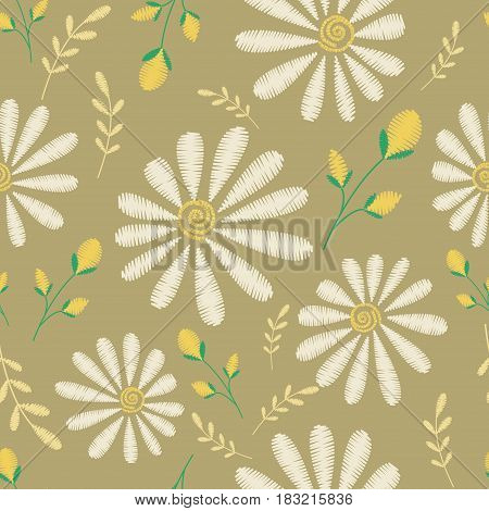 Vector seamless texture. Embroidery floral design with camomiles. Decorative pastel flowers pattern. Botanical ornate background.