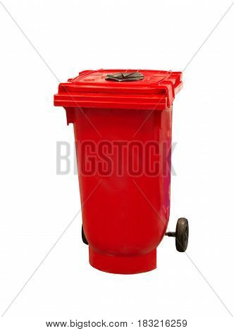 Red garbage trash bin isolated on white background.