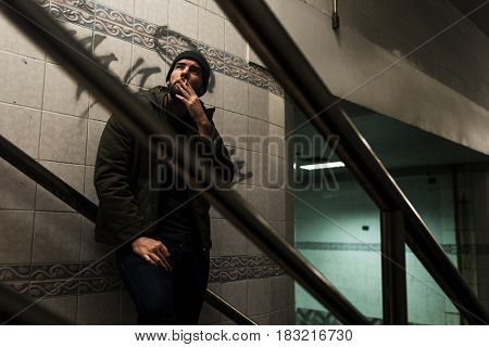 Homeless Adult Man Smoking Cigarette Addiction