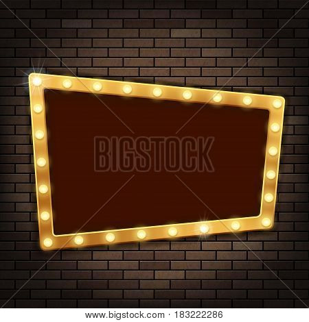 Gold frame with light bulbs on the red brick wall. Stock vector illustration.