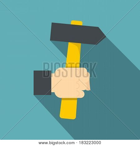 Hand hoding hammer with yellow tool icon. Flat illustration of hand hoding hammer with yellow tool vector icon for web on baby blue background