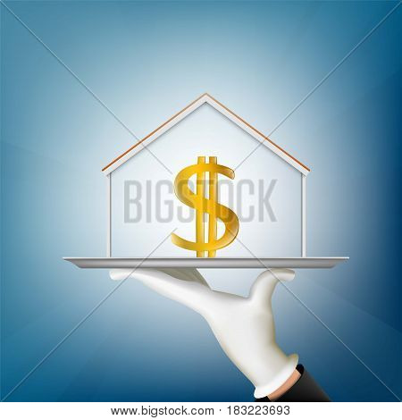 Human hand holds a tray with a house and a dollar sign. Real estate concept. Stock vector illustration.