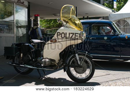 BERLIN - MAY 28: Police motorcycle the exhibition "125 car history - 125 years of history Kurfurstendamm" May 28 2011 in Berlin Germany