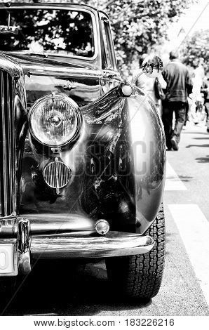BERLIN - MAY 28: Car Bentley Mark V a fragment (black and white) the exhibition 
