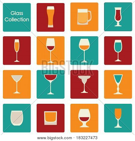 Vector illustration of color wine glasses set icons