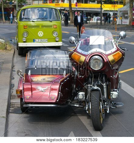 BERLIN - MAY 28: Motorcycle Honda Gold Wing GL1100 and minibus Volkswagen Type 2 the exhibition 