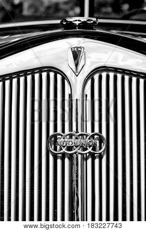 BERLIN - MAY 28: Radiator (engine cooling) and the emblem of the car DKW (Auto Union) the exhibition 