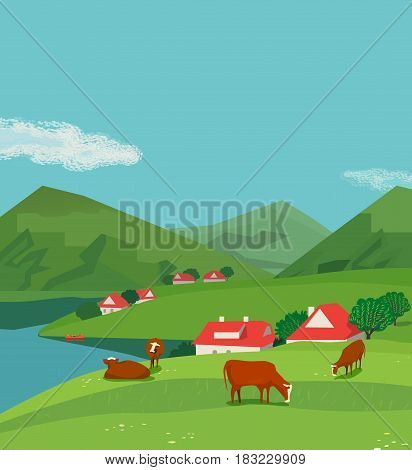 Green lmountains andscape. Freehand drawn cartoon outdoors style. Farming herd brown Alps cows on summer meadow. Rural community scene view with green grass on hills. Vector nature season background