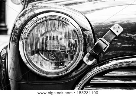 BERLIN - MAY 28: Radiator (engine cooling) and the lamp head light Rover Mini the exhibition 