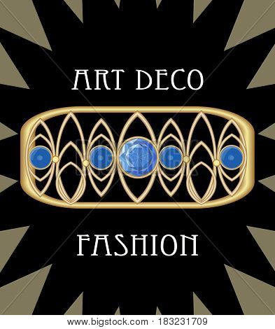 Expensive art deco filigree brooch in rectangle composition with blue sapphires antique gold jewel fashion in victorian style vector EPS 10
