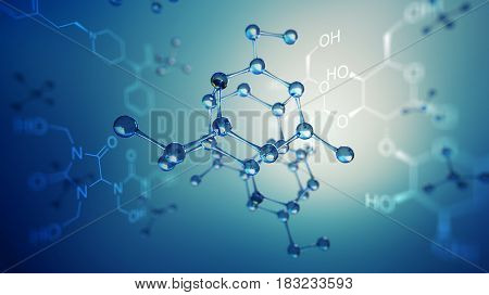 3d illustration of molecule model. Science background with molecules chemical formulas