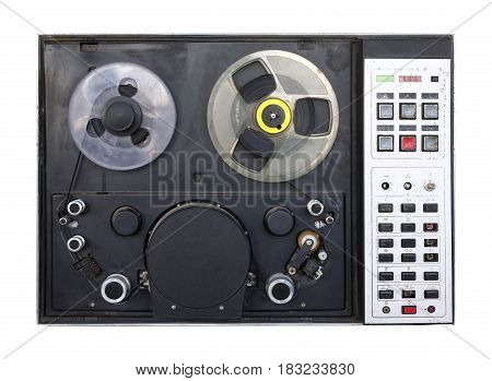 Vintage Type C videotape recorder on a white background. It is isolated the worker of paths is present.