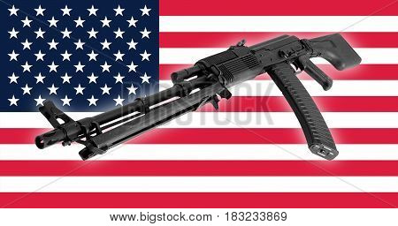 Weapon - A close up black Assault rifle to the USA of a flag background.