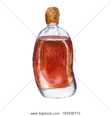 The cognac bottle isolated on a white background a watercolor illustration in hand-drawn style.
